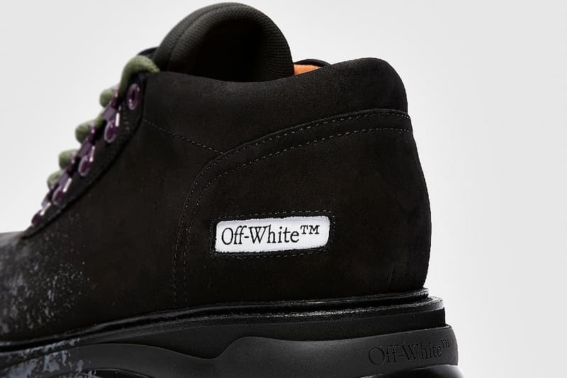 Off-White™ Chunky Sneaker-Boot Hybrid Fall Winter 2020 FW20 Runway Show Shoe Virgil Abloh Collection Sevenstore $1,347.50 USD Made in Italy Paint Spray Effect Suede Metal SHOELACES