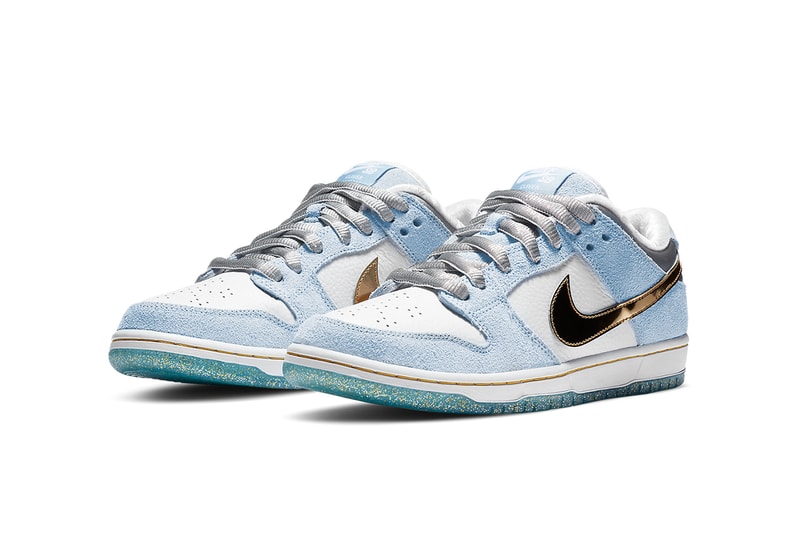 sean cliver nike sb dunk low DC9936 100 white psychic blue metallic gold release date info photos buying guide