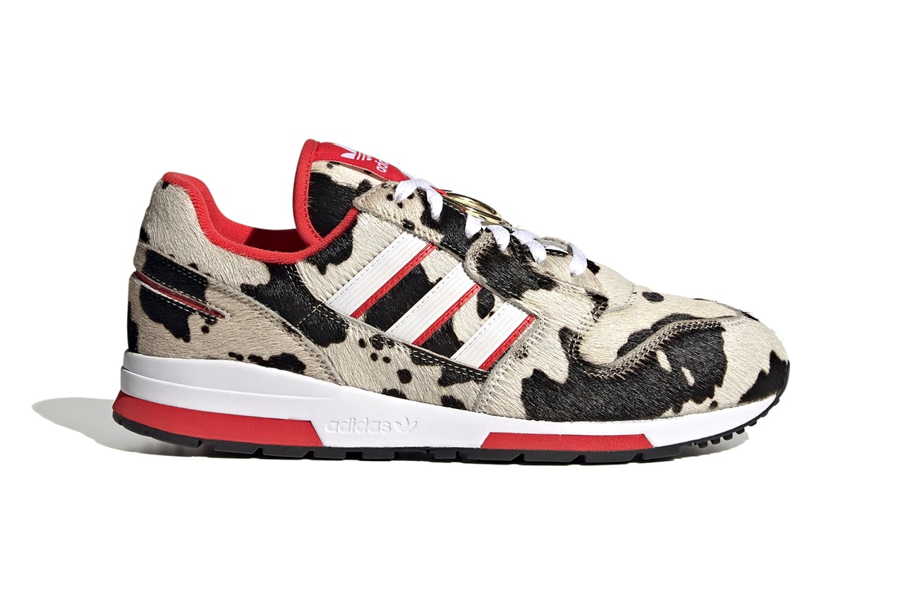adidas Originals ZX 420 CNY Chinese New Year Cow Print Ox Cloud White Lush Red Core Black FY3662 Furry Uppers Moo Pony Hair Three Stripes OG 1980s Sneaker Release Information Drop Date Closer First Look Trefoil Torsion
