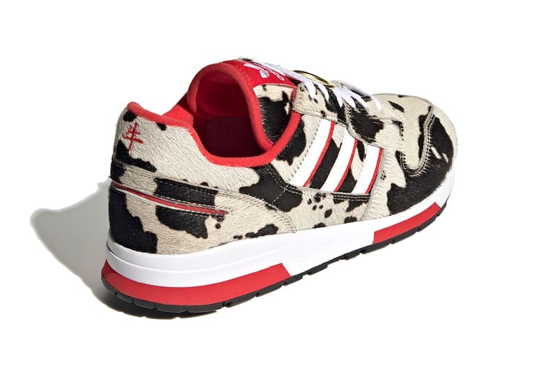 adidas Originals ZX 420 CNY Chinese New Year Cow Print Ox Cloud White Lush Red Core Black FY3662 Furry Uppers Moo Pony Hair Three Stripes OG 1980s Sneaker Release Information Drop Date Closer First Look Trefoil Torsion