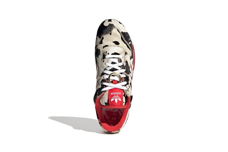 adidas Originals ZX 420 CNY Chinese New Year Cow Print Ox Cloud White Lush Red Core Black FY3662 Furry Uppers Moo Pony Hair Three Stripes OG 1980s Sneaker Release Information Drop Date Closer First Look Trefoil Torsion