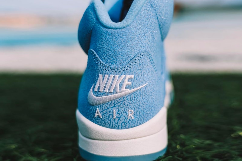 unc university of north carolina tar heels football air jordan brand 5 pe powder navy blue elephant print player edition official release date info photos price store list buying guide