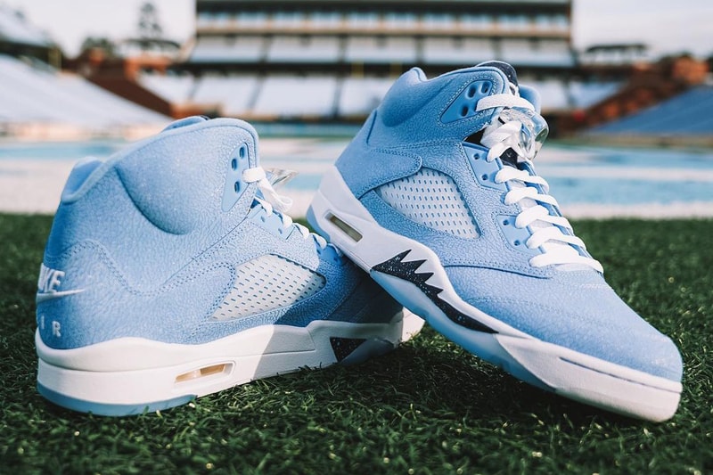 unc university of north carolina tar heels football air jordan brand 5 pe powder navy blue elephant print player edition official release date info photos price store list buying guide