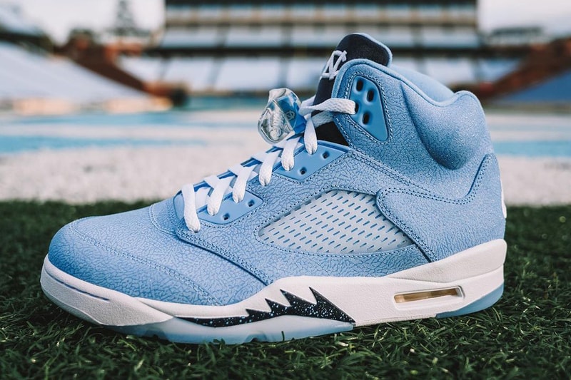 unc university of north carolina tar heels football air jordan brand 5 pe powder navy blue elephant print player edition official release date info photos price store list buying guide