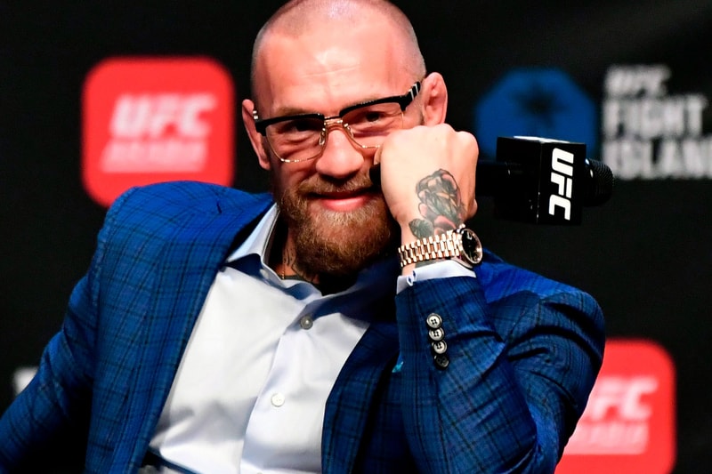 Conor McGregor wrist check rolex everose DAY-DATE 40 olive green dial ufc mma ufc 257 dustin poirier hypebeast wrist check swiss gold dana white 