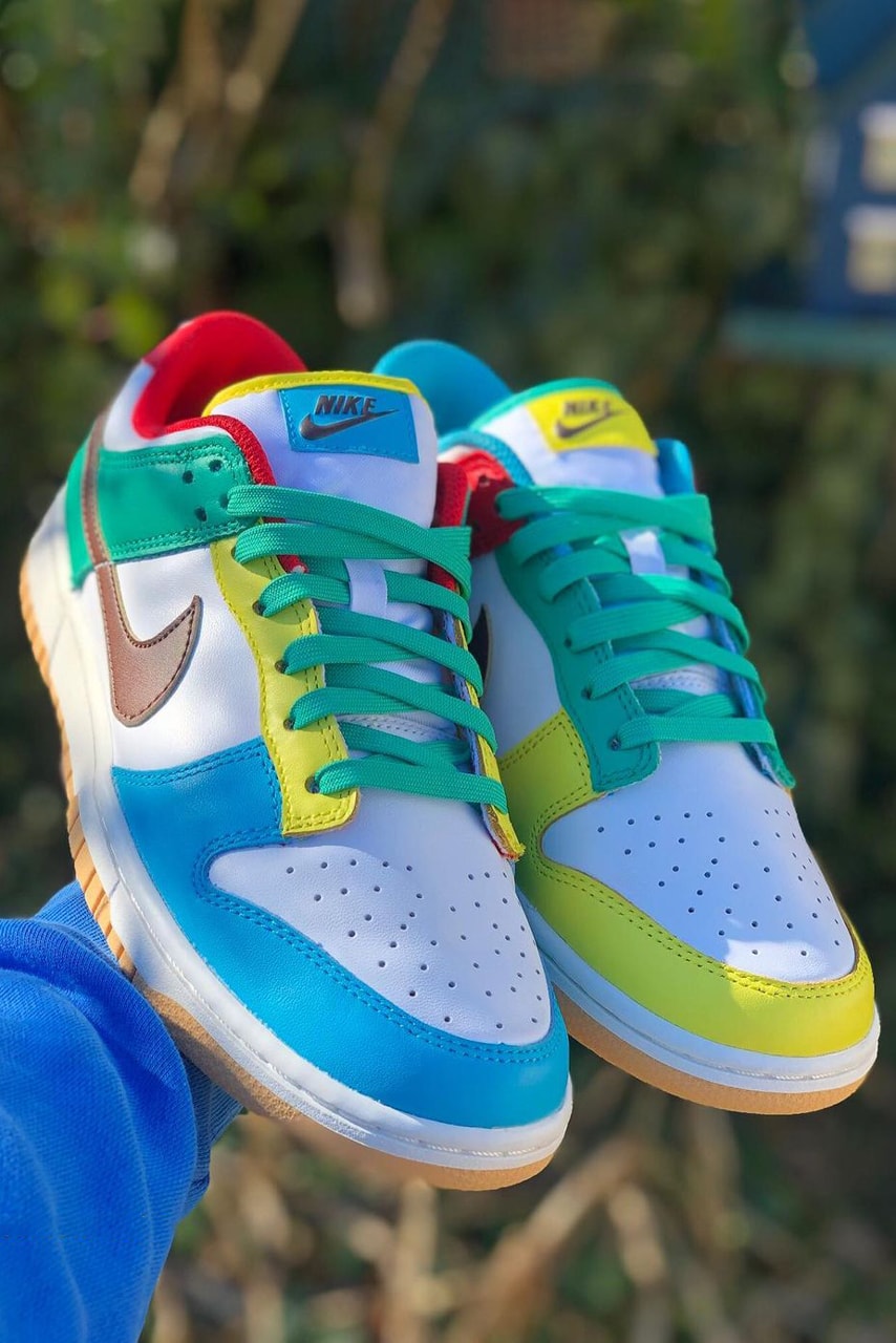 nike sportswear dunk low free 99 white teal yellow brown red blue gum dh0952 100 official release date info photos price store list buying guide