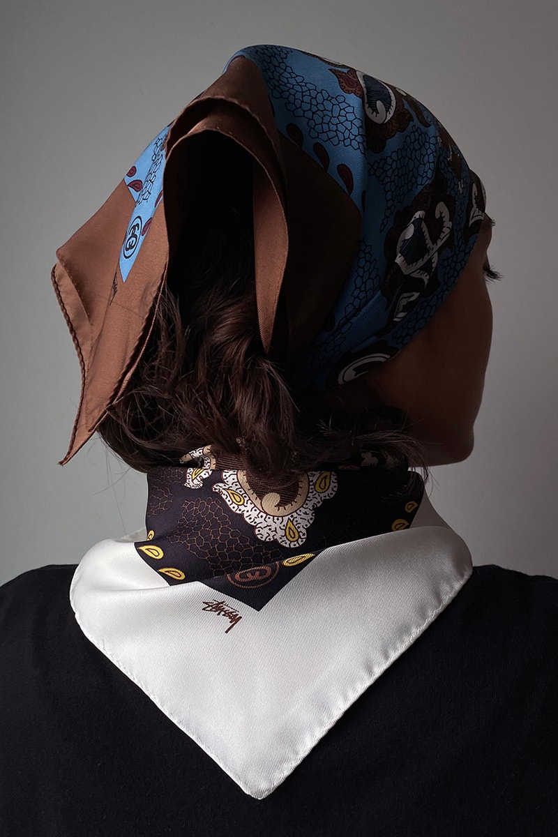 noma t d tokyo japan stussy brazilian silk scarves black brown white light blue paisley release information