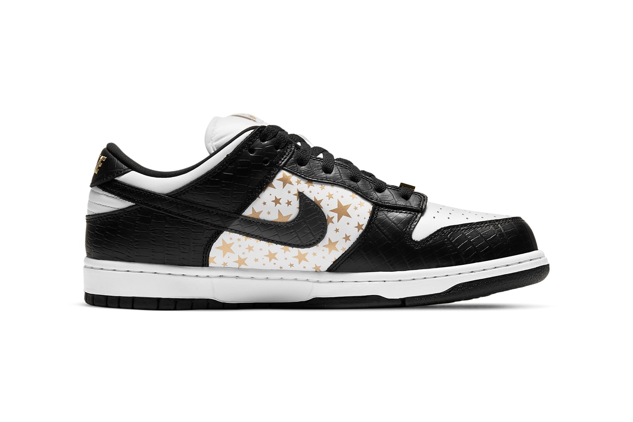 Supreme x Nike SB Dunk Low "Black" Sneaker Collaboration colorway dh3228 white release date buy info drop