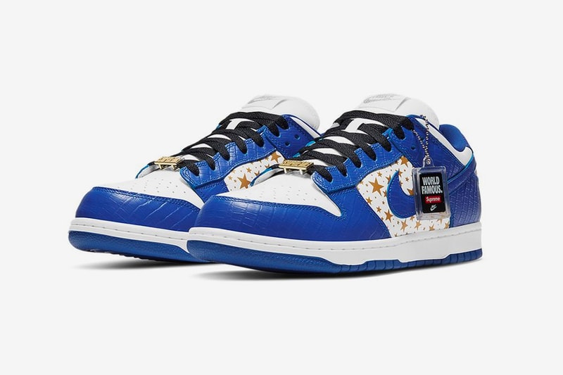 supreme nike sb dunk low white hyper royal metallic gold collaboration release info date photos store list buying guide world famous stars 