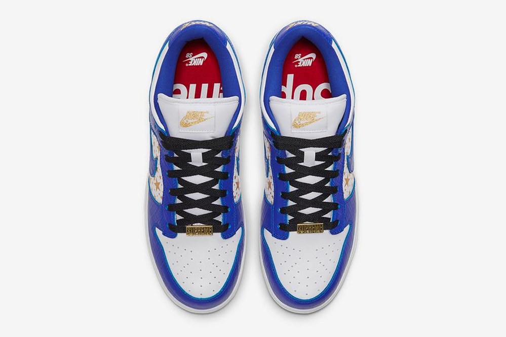 supreme nike sb dunk low white hyper royal metallic gold collaboration release info date photos store list buying guide world famous stars 