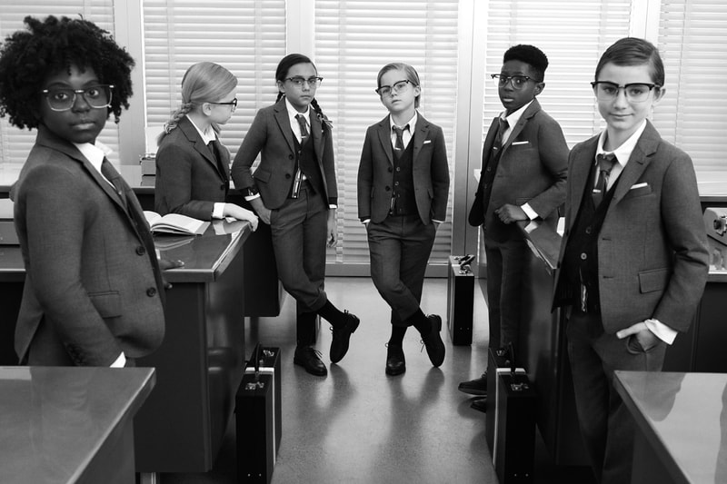 Thom Browne Childrenswear Apparel Collection campaign video cass bird office kids clothing suit 