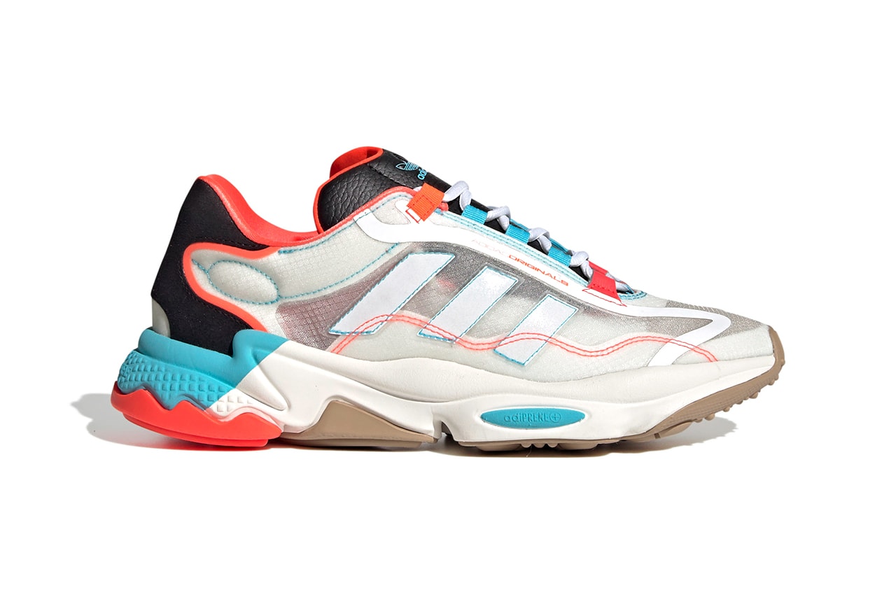 adidas originals ozweego 90s chunky midsole transluscent cyan solar red white black cloud gray uk footwear sneakers trainers running sock like 