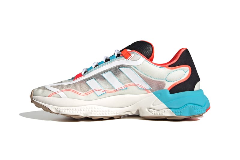 adidas originals ozweego 90s chunky midsole transluscent cyan solar red white black cloud gray uk footwear sneakers trainers running sock like