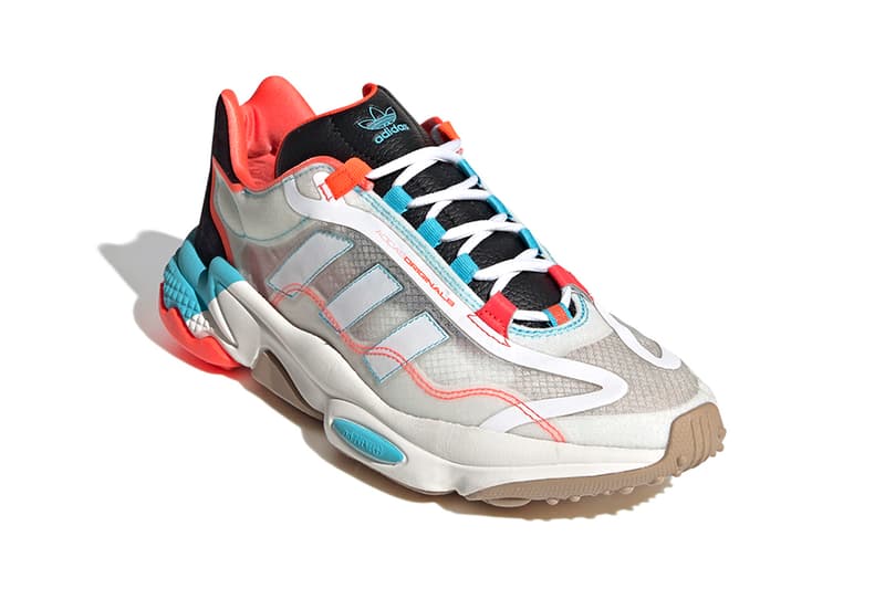 adidas originals ozweego 90s chunky midsole transluscent cyan solar red white black cloud gray uk footwear sneakers trainers running sock like 