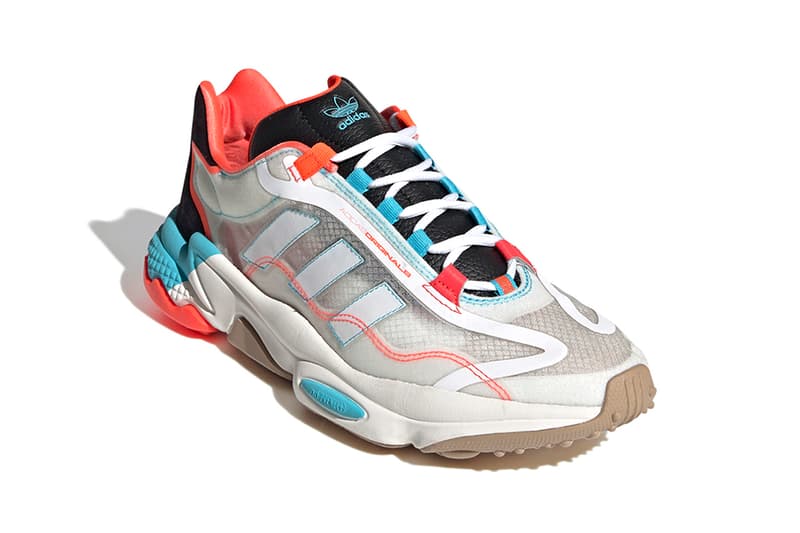 adidas originals ozweego 90s chunky midsole transluscent cyan solar red white black cloud gray uk footwear sneakers trainers running sock like