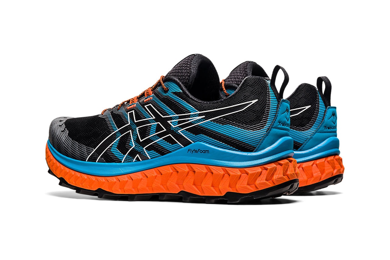 Asics trabuco max black digital orange aqua trail runners sneakers release information