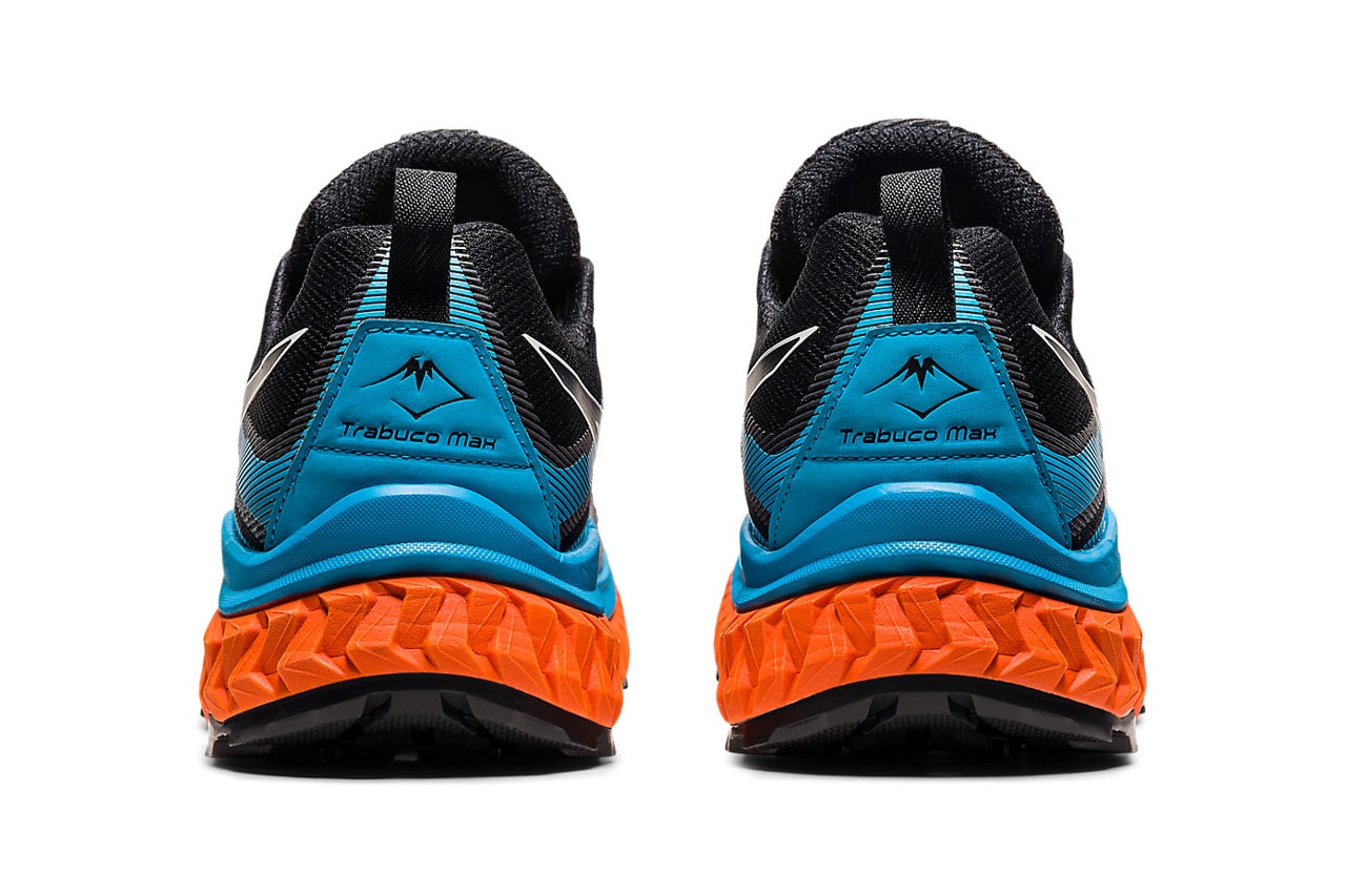 Asics trabuco max black digital orange aqua trail runners sneakers release information