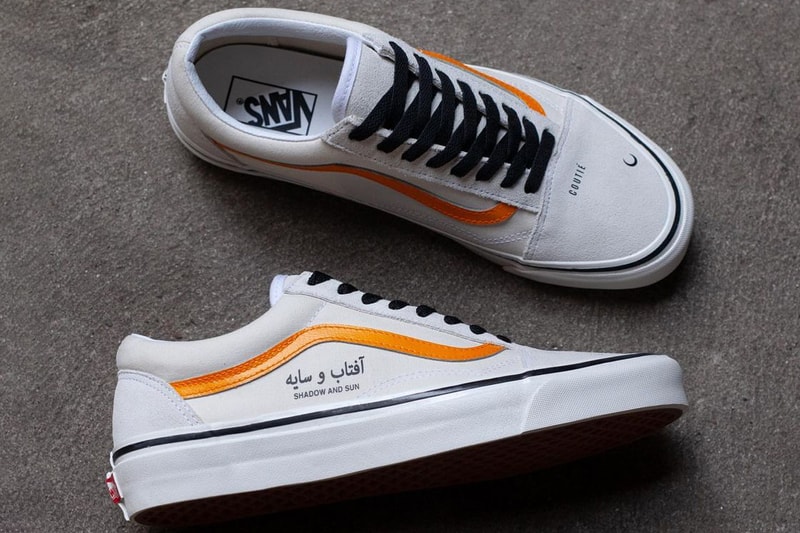coutie custom vans old skool shadow and sun arabic text white black cream orange custom official release date info photos price store list buying guide