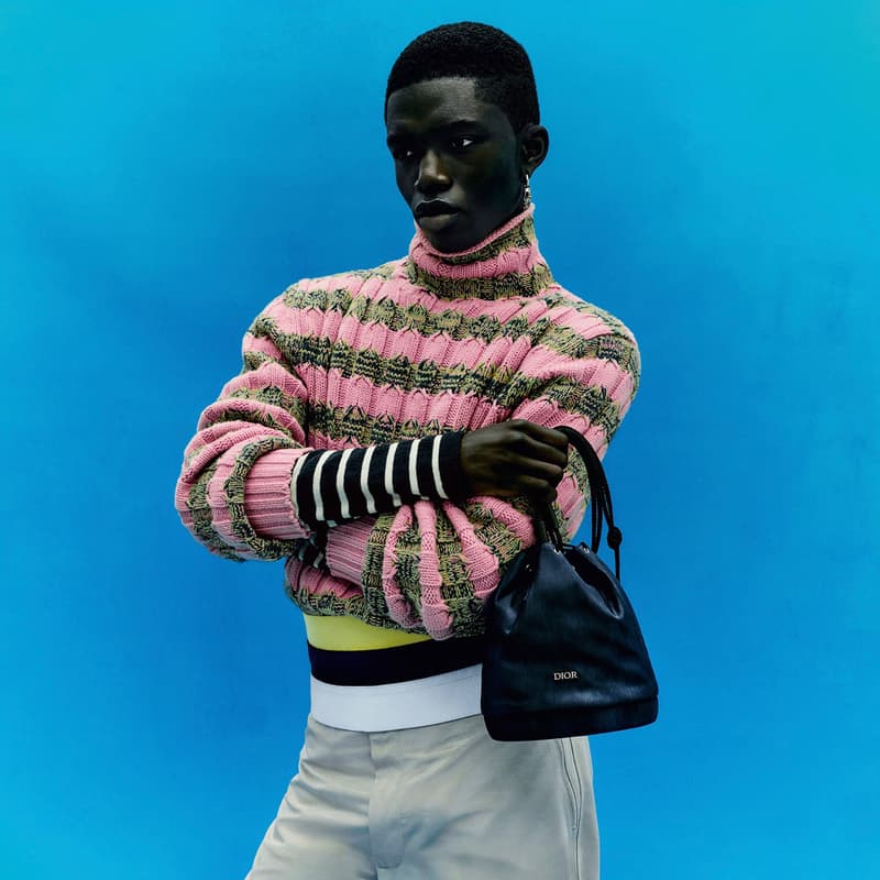 Dior French House Portrait Of An Artist Summer 2021 Kim Jones Amoako Boafo Africa textiles rich cultural history ribbed kints sportswear tailoring Jacquard patterns silhouettes Chris Cunningham London Ghana Jackie Nickerson Rubell Museum textures colors hues blue green yellow shirts sweaters basque berets scarves embrodiery ribbed knits paintings art