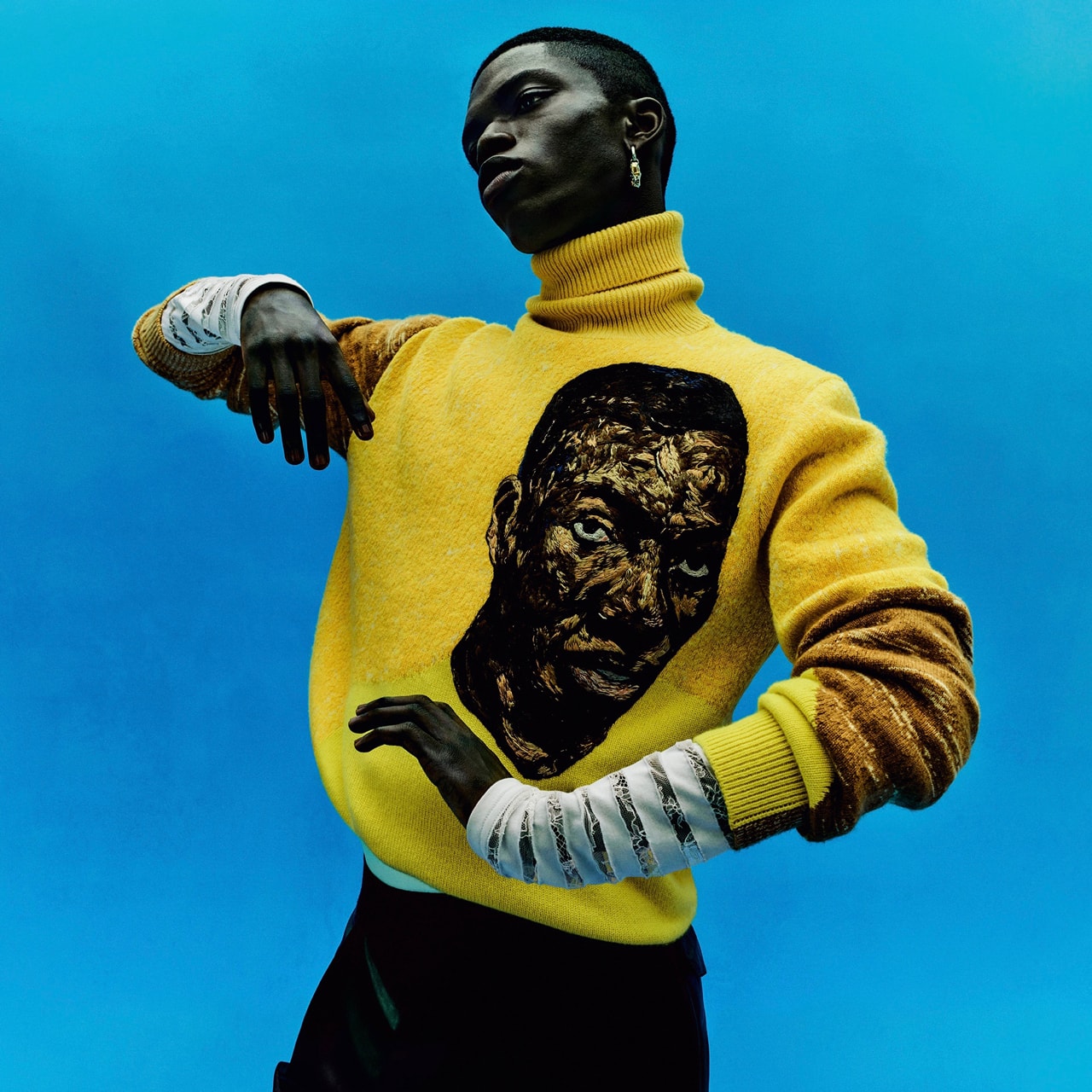 Dior French House Portrait Of An Artist Summer 2021 Kim Jones Amoako Boafo Africa textiles rich cultural history ribbed kints sportswear tailoring Jacquard patterns silhouettes Chris Cunningham London Ghana Jackie Nickerson Rubell Museum textures colors hues blue green yellow shirts sweaters basque berets scarves embrodiery ribbed knits paintings art