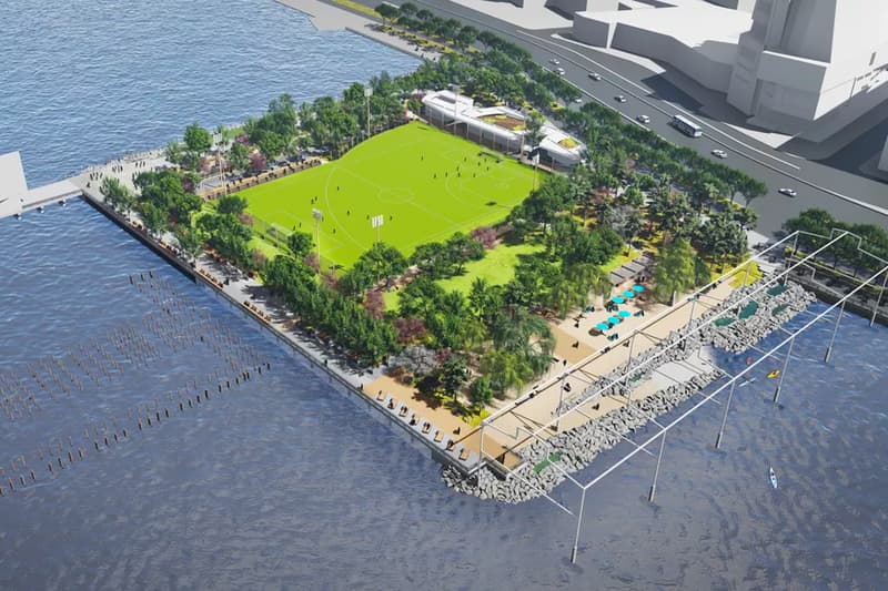 Gansevoort Peninsula Park Manhattan's First Public Beach James Corner Field Operations Hudson River Park Trust Pier 52 Gansevoort Little West 12th streets Battery Park Domino Park High Line New York City NYC