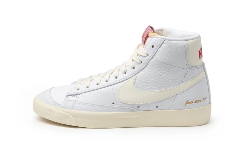 Nike Blazer Mid '77 Vintage "Popcorn" CW6421 100 White/Coconut Milk Colorway Premium Leather Upper Details Popped Corn Buttery Gold Embossing Pendant