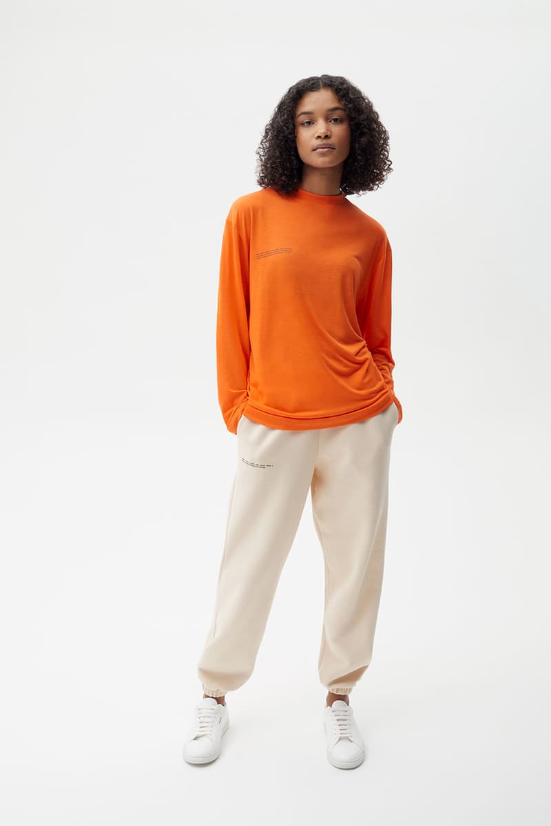 pangaia sustainability c-fiber seaweed eucalyptus pulp collection release information black navy cobalt blue rosemary green red apple off white persimmon orange sweatshirt crewneck dress