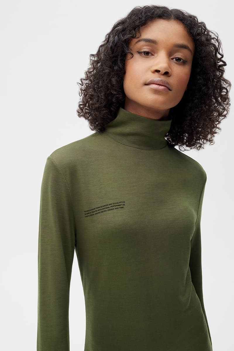 pangaia sustainability c-fiber seaweed eucalyptus pulp collection release information black navy cobalt blue rosemary green red apple off white persimmon orange sweatshirt crewneck dress