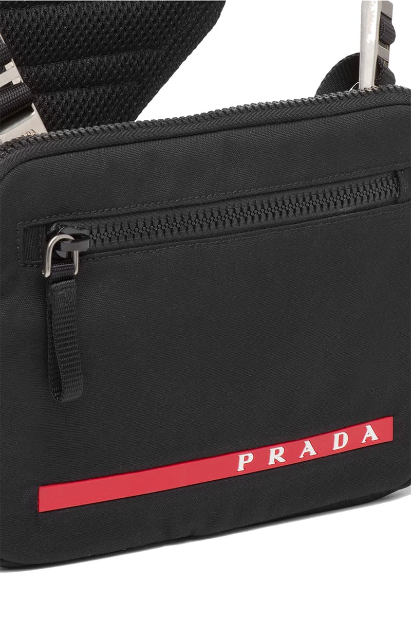 prada crossbody chest rig bag technical functional red Linea Rossa latex label designer luxury fashion streetwear accessories triangle logo