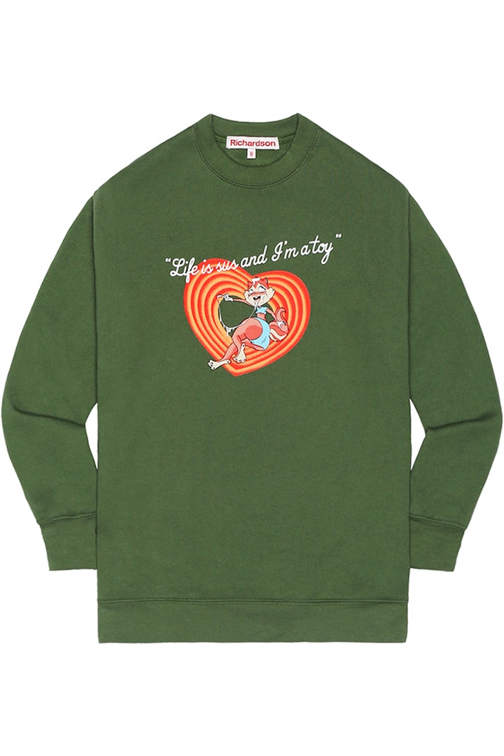 richardson valentines day capsule collection sweater jumper crewneck t shirt army green black ana foxx erotica magazine streetwear clothing motel heart looney tunes cartoon character 