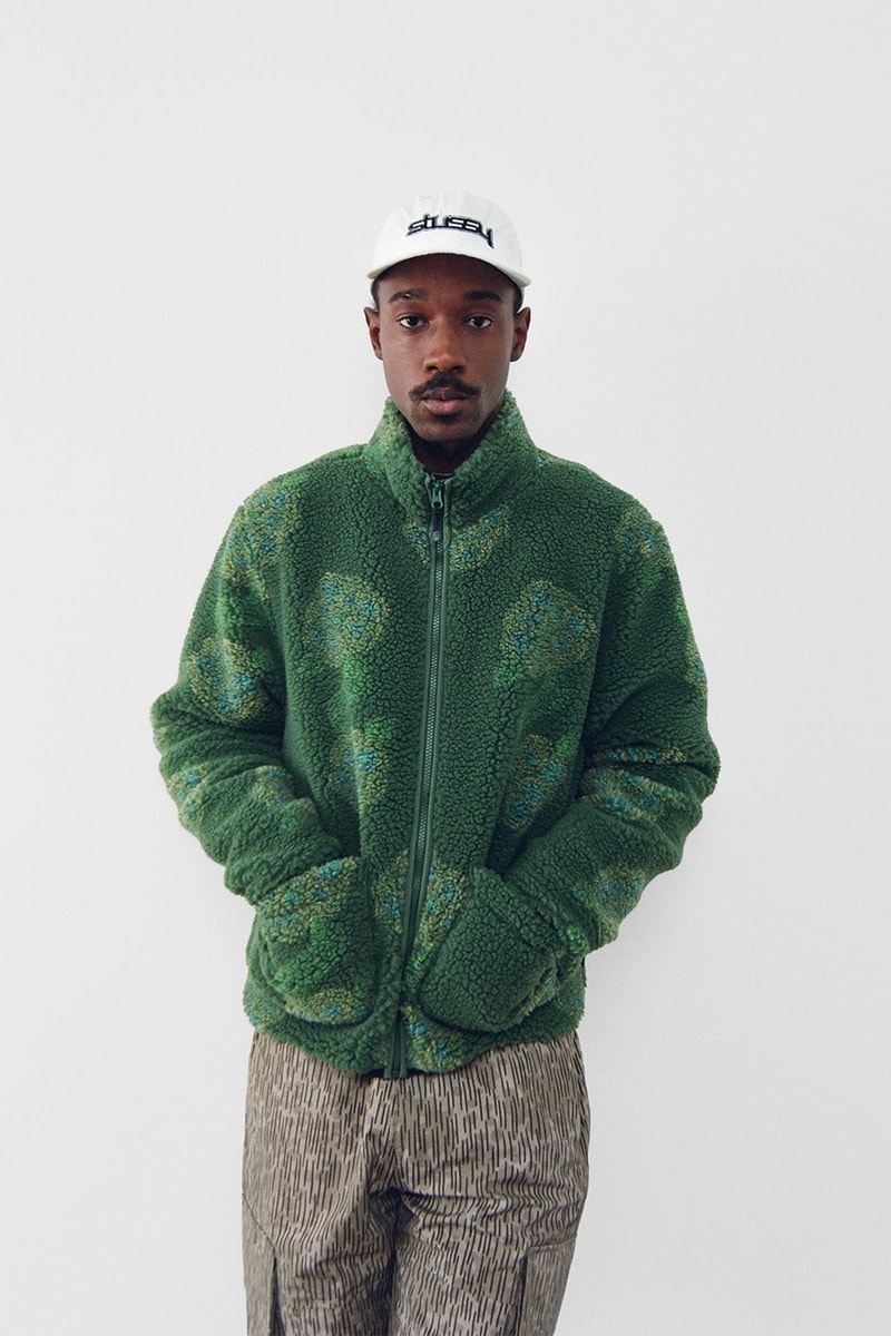 Stüssy Spring 2021 Collection Lookbook Release Information Drop Date Nike Air Huarache LE S21 Liam MacRae Cozy Sherpa Outerwear Hawaiian Prints Shirts T-Shirts Sweaters 8 Ball Print Knit Trousers Jackets Coats