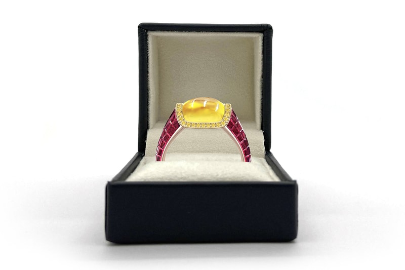 Taylor & Hart Haribo Inspired Cabochon Diamond Ruby Ring rubies invisible set sapphire rings accessories diamonds fancy yellow london jewelry 