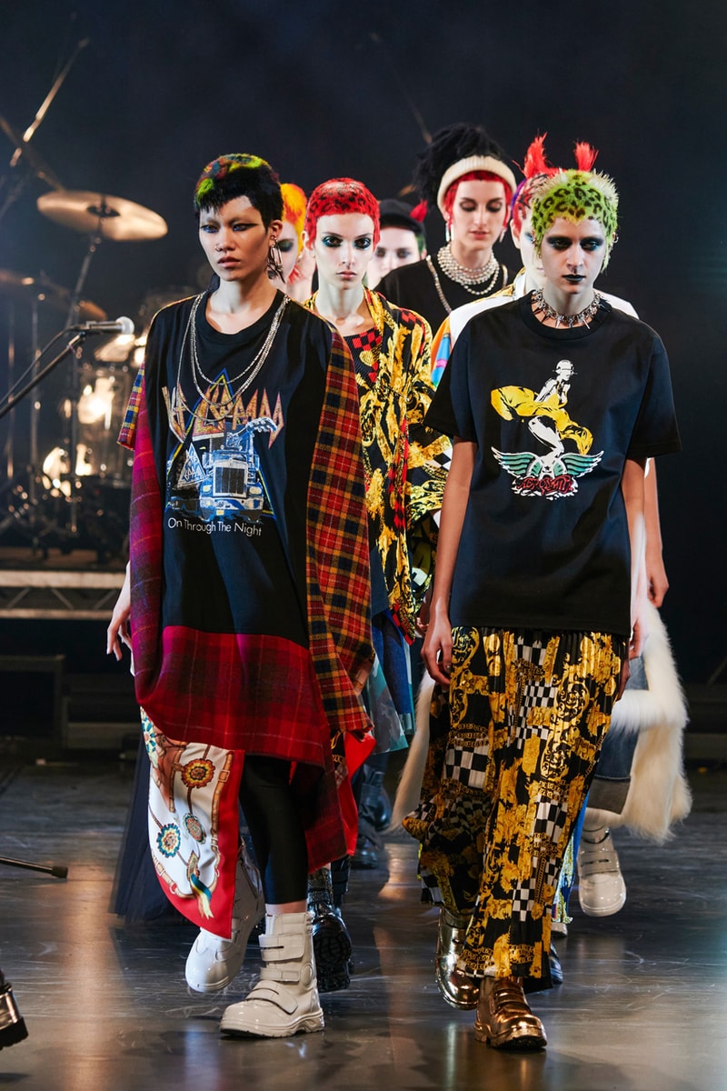 Junya Watanabe Fall/Winter 2021 Collection Runway show presentation fw21 womenswear versace scarf collaboration classic rock bands the who acdc aerosmith rolling stones sex pistols def leppard