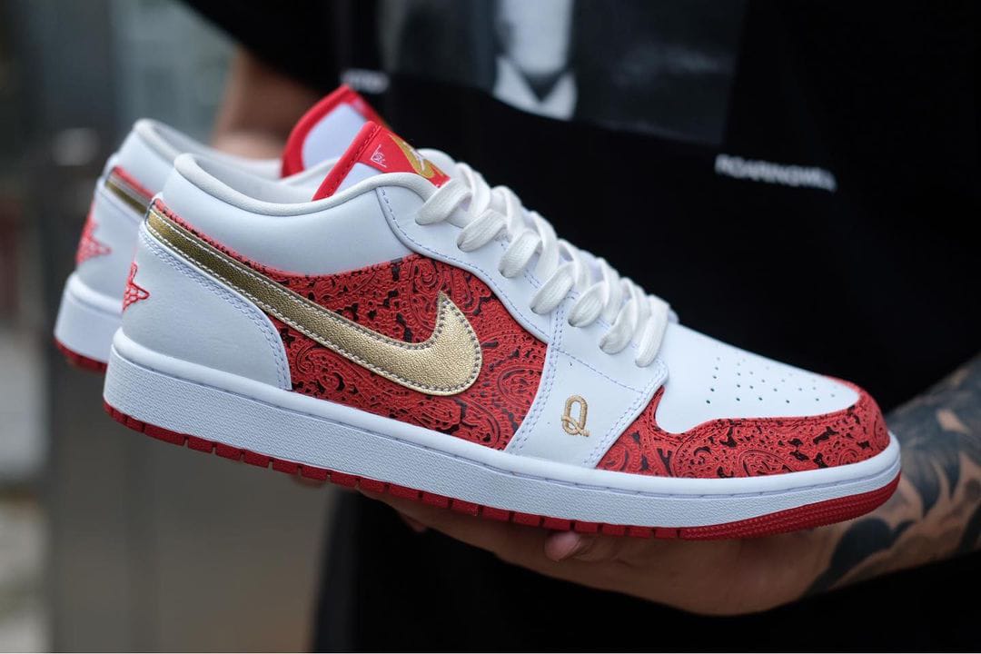 gold red and white jordans