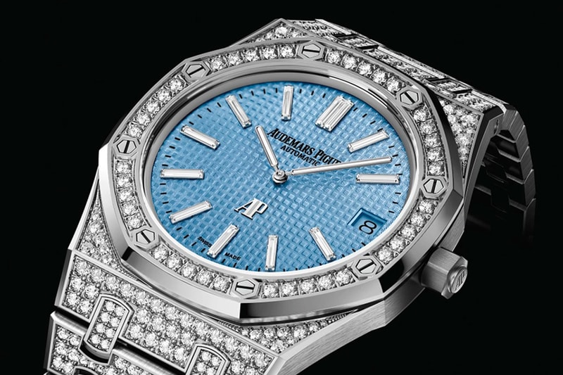 Audemars Piguet Unveils New Lineup of Iced-Out Royal Oak "Jumbo" Extra-Thin diamond-set iced-out 18-carat white gold executions light blue dial, black dial, pink golda