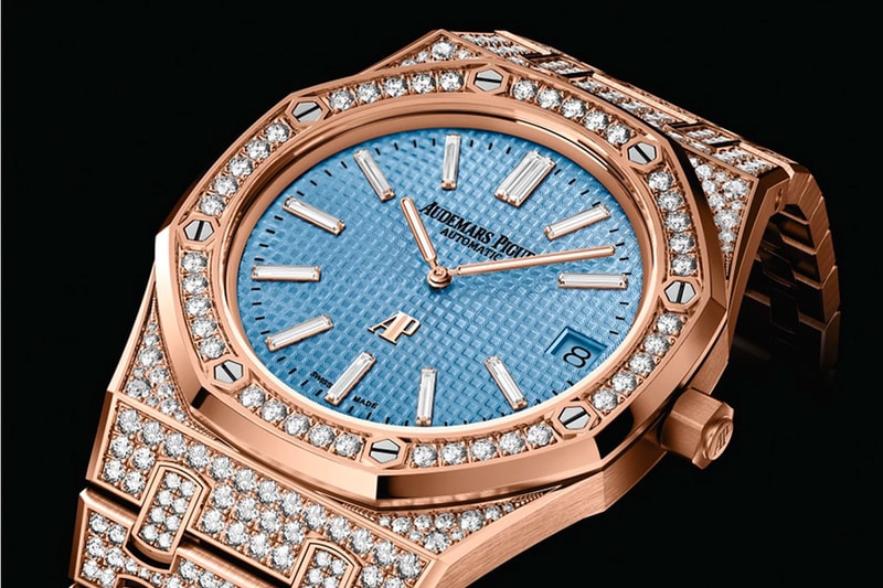 Audemars Piguet Unveils New Lineup of Iced-Out Royal Oak "Jumbo" Extra-Thin diamond-set iced-out 18-carat white gold executions light blue dial, black dial, pink golda
