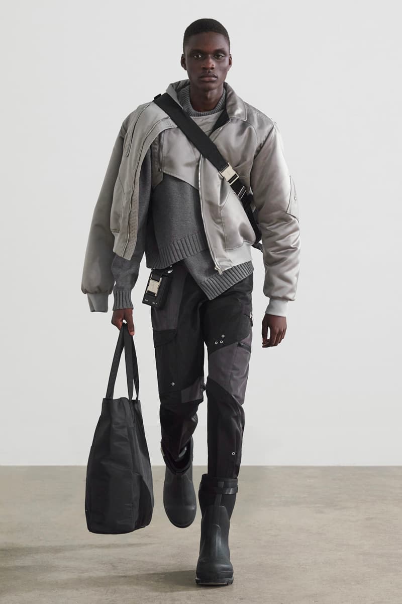 HELIOT EMIL FW21 Unstable Equilibrium Collection Asymmetry nylon leather wool black grey cream