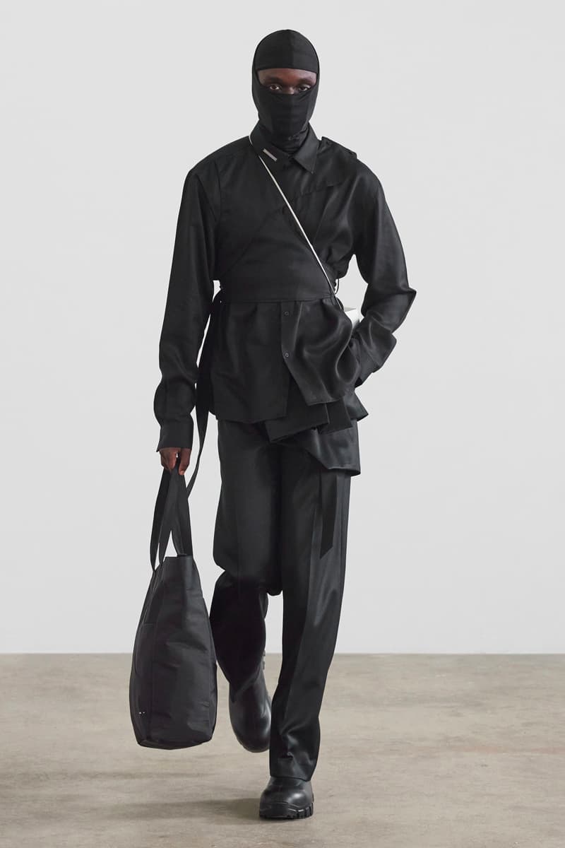 HELIOT EMIL FW21 Unstable Equilibrium Collection Asymmetry nylon leather wool black grey cream