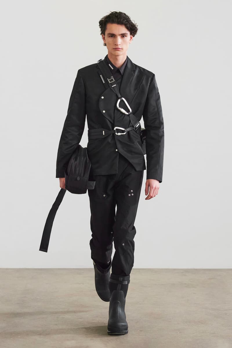 HELIOT EMIL FW21 Unstable Equilibrium Collection Asymmetry nylon leather wool black grey cream