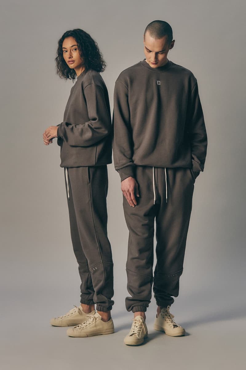 IISE Spring Essential Line Lookbook Info 2021 staples ethical organic cotton hoodie crewneck sweatpants Charcoal Blue Clay Rose