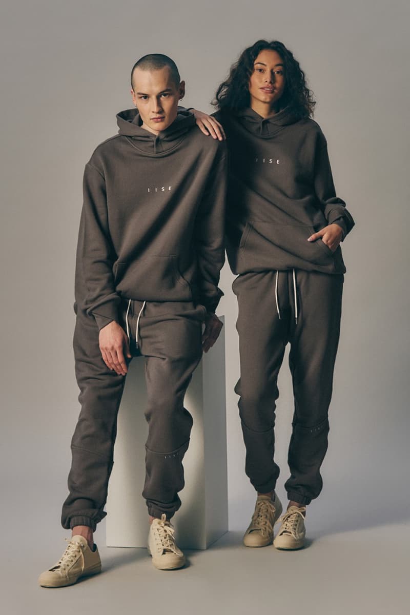 IISE Spring Essential Line Lookbook Info 2021 staples ethical organic cotton hoodie crewneck sweatpants Charcoal Blue Clay Rose