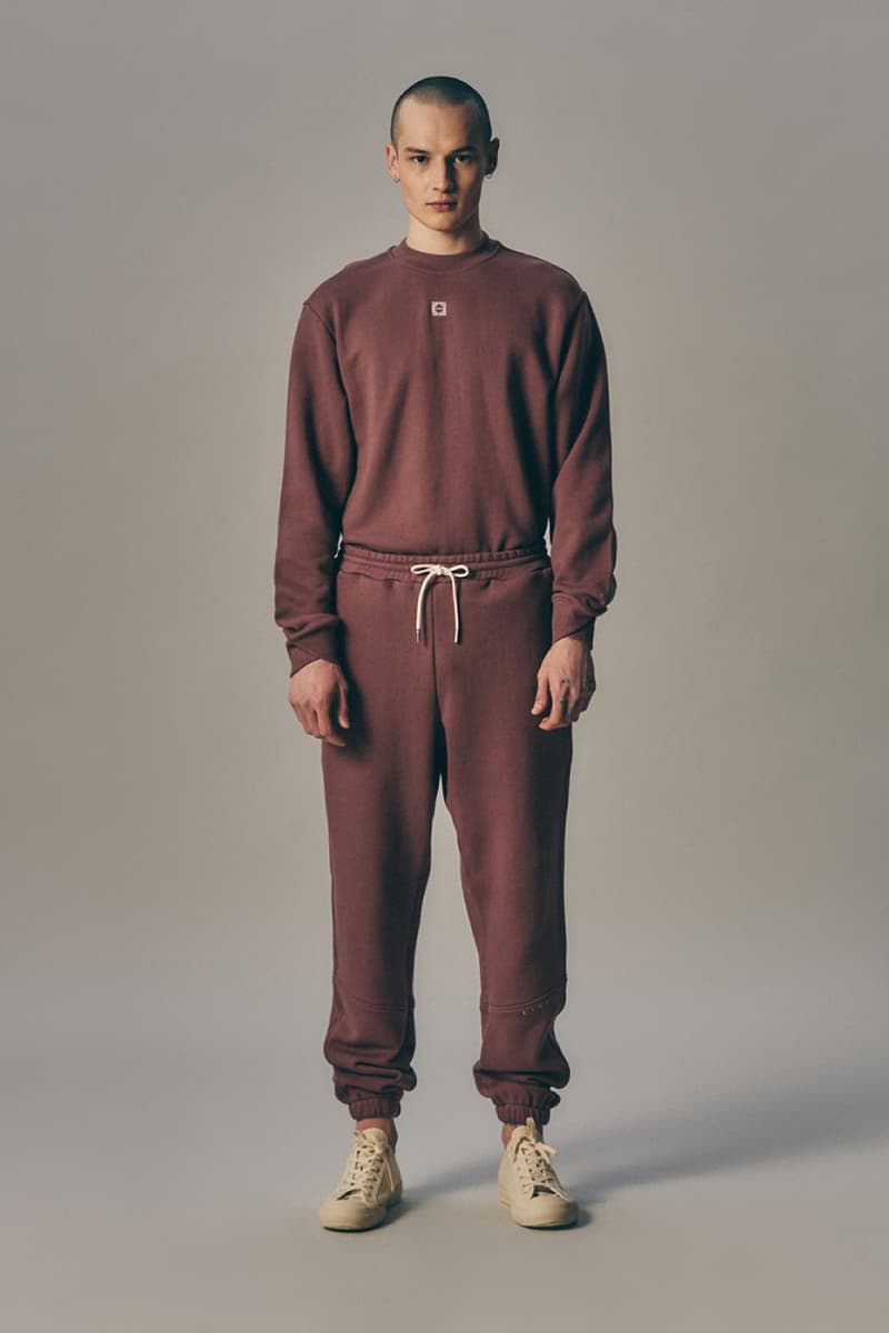 IISE Spring Essential Line Lookbook Info 2021 staples ethical organic cotton hoodie crewneck sweatpants Charcoal Blue Clay Rose