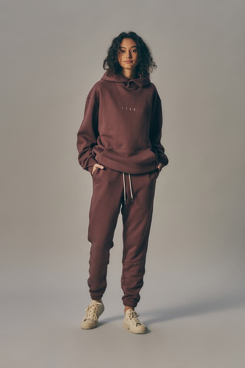 IISE Spring Essential Line Lookbook Info 2021 staples ethical organic cotton hoodie crewneck sweatpants Charcoal Blue Clay Rose