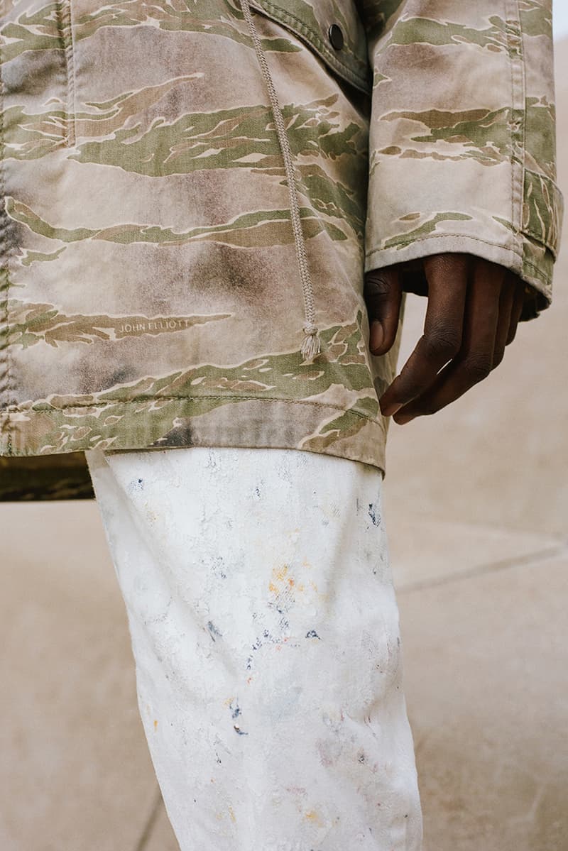 john elliott where the concrete meets the earth ss21 collection release info store list buying guide photos price tiger camo trench hand painted denim fleece edition one runner 