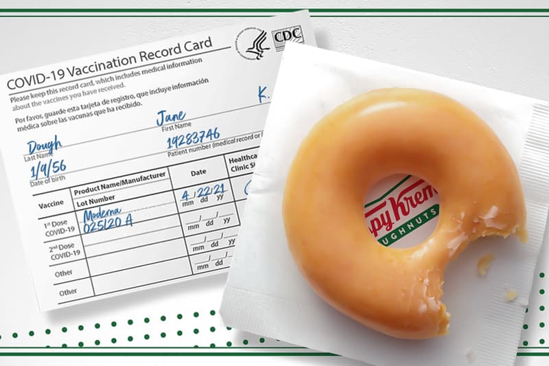 Krispy Kreme Free Doughnuts for People Who receive covid 19 vaccine partial time off employees vaccinated vaccination coronavirus biontech pfizer sinovac astrazeneca