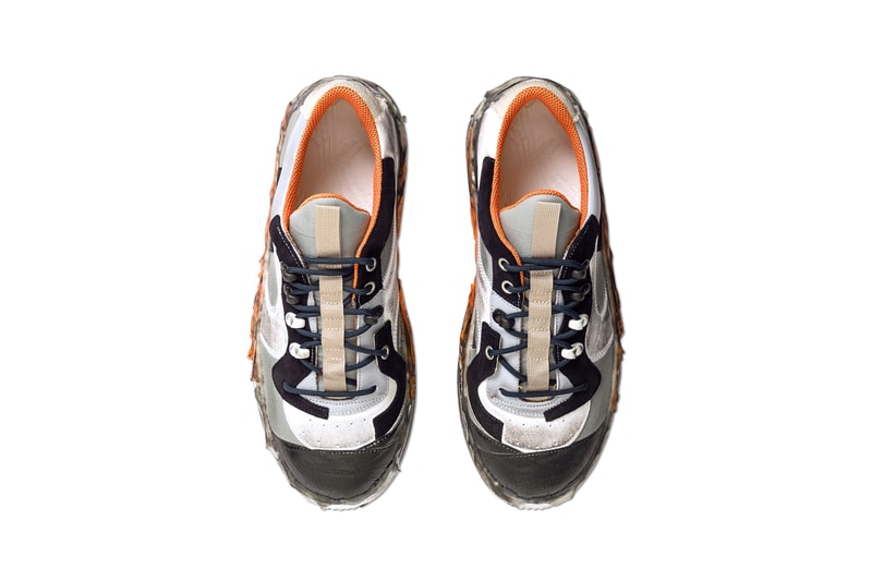 Maison Margiela Patchwork Sneaker White Gray Light Blue Orange Over Glued 100% Bovine Leather Polyamide Polyester Viscose Worn Effect Avant Garde Luxury Expensive Sneaker Shoe Footwear HBX Drop Date Closer First Look