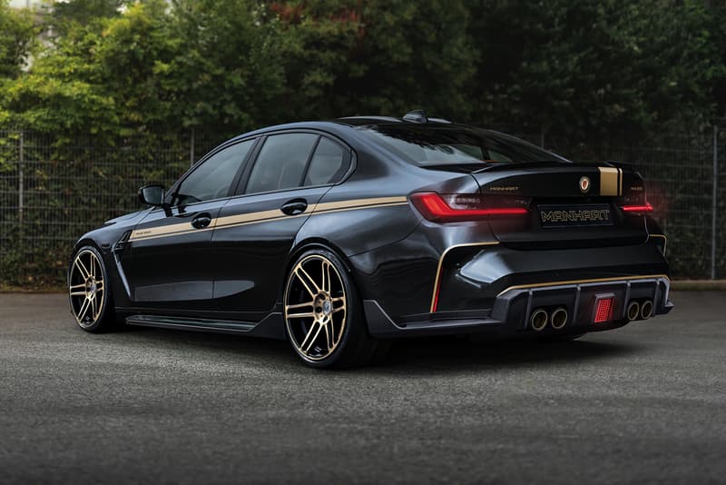 MANHART BMW M3 M4 Four Door Coupe Sports Saloon German Performance Car Speed Power twin-turbo 3.0-liter straight-six Engine Tuner Custom Limited Edition Black Gold Rims Widebody Kit