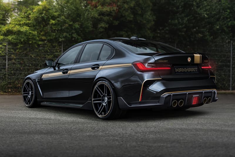 MANHART BMW M3 M4 Four Door Coupe Sports Saloon German Performance Car Speed Power twin-turbo 3.0-liter straight-six Engine Tuner Custom Limited Edition Black Gold Rims Widebody Kit