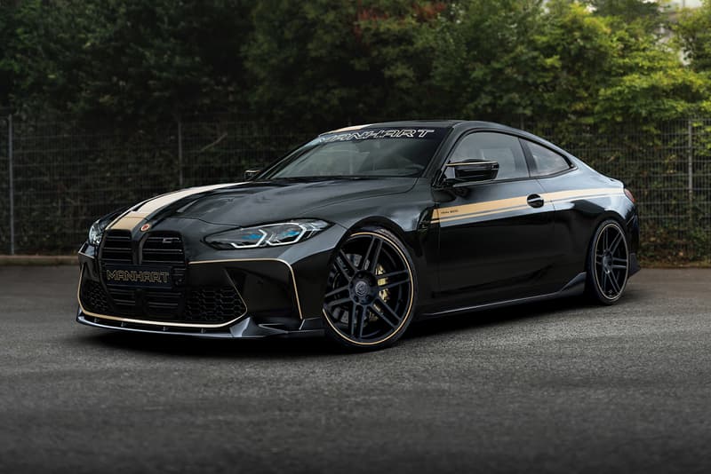 MANHART BMW M3 M4 Four Door Coupe Sports Saloon German Performance Car Speed Power twin-turbo 3.0-liter straight-six Engine Tuner Custom Limited Edition Black Gold Rims Widebody Kit