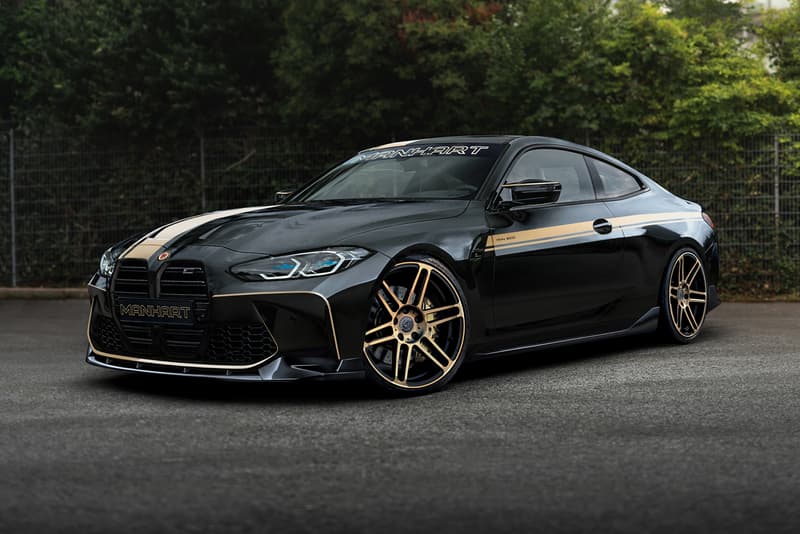 MANHART BMW M3 M4 Four Door Coupe Sports Saloon German Performance Car Speed Power twin-turbo 3.0-liter straight-six Engine Tuner Custom Limited Edition Black Gold Rims Widebody Kit